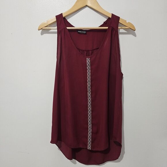 Wet Seal - Tank Top Sheer Flowy Embroidered Strip - Size L - Maroon - Picture 2 of 8